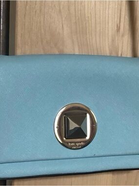 kate spade light blue leather flap clutch with gold-tone turn-lock
